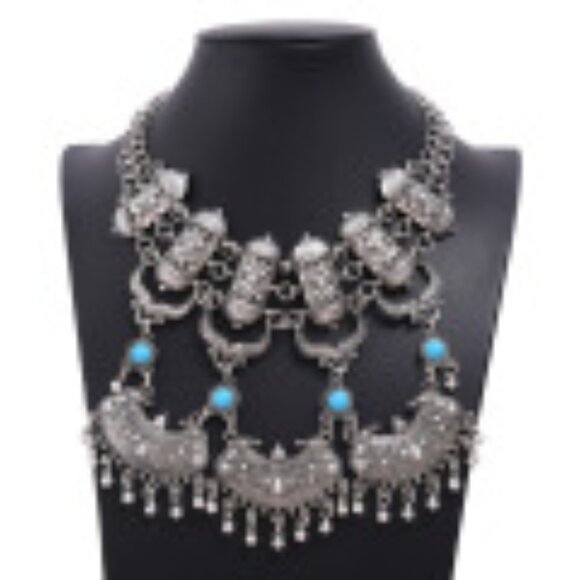 #047 Exaggerated Tassel Necklace Bohemian Ethnic Vintage Turquoise Collarbone - Picture 1 of 4